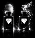 Two black RERAC perfume bottles labeled 'Density' and 'Fine Art' on a glossy black reflective surface, with dramatic white light effects and abstract smoke-like forms behind them.