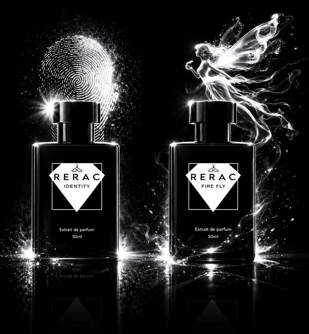Two black RERAC perfume bottles labeled 'Density' and 'Fine Art' on a glossy black reflective surface, with dramatic white light effects and abstract smoke-like forms behind them.