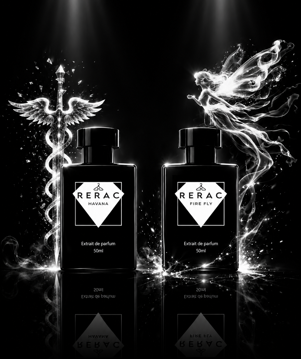 Two black RERAC Pure XL perfume bottles displayed side by side on a glossy black surface with dramatic white spotlights and glowing abstract wing-like effects on a black background.
