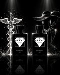 Two black RERAC FLEURISCI perfume bottles labeled 'Extrait de parfum 50ml' on a reflective black surface, with dramatic white spotlight effects, a glowing caduceus symbol, and a stylized woman in a hat on a black background.
