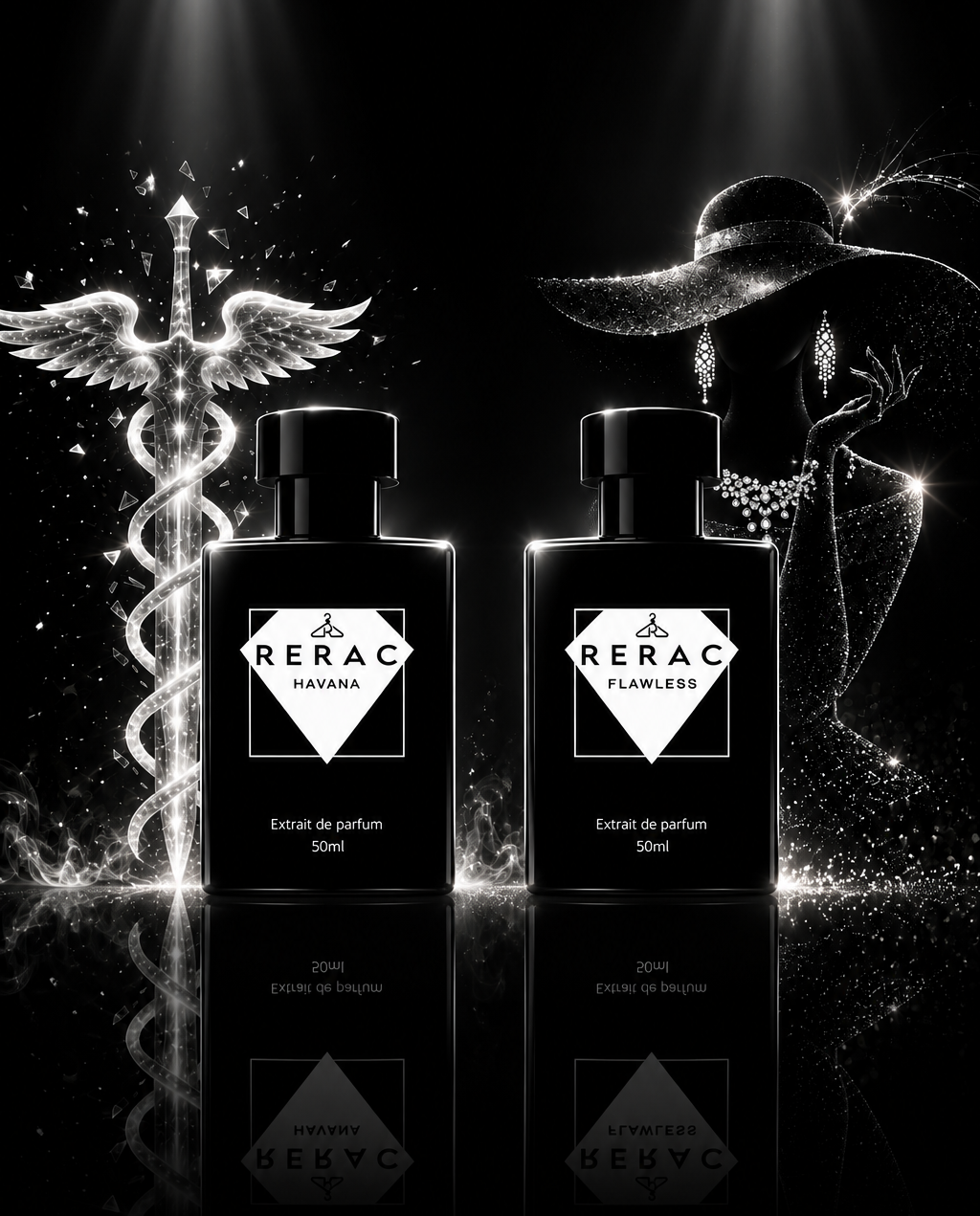 Two black RERAC FLEURISCI perfume bottles labeled 'Extrait de parfum 50ml' on a reflective black surface, with dramatic white spotlight effects, a glowing caduceus symbol, and a stylized woman in a hat on a black background.