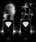 Two black RERAC Clancy perfume bottles on a reflective black surface against a black background, with stylized white graphic elements including a fingerprint and a woman in a hat behind them.