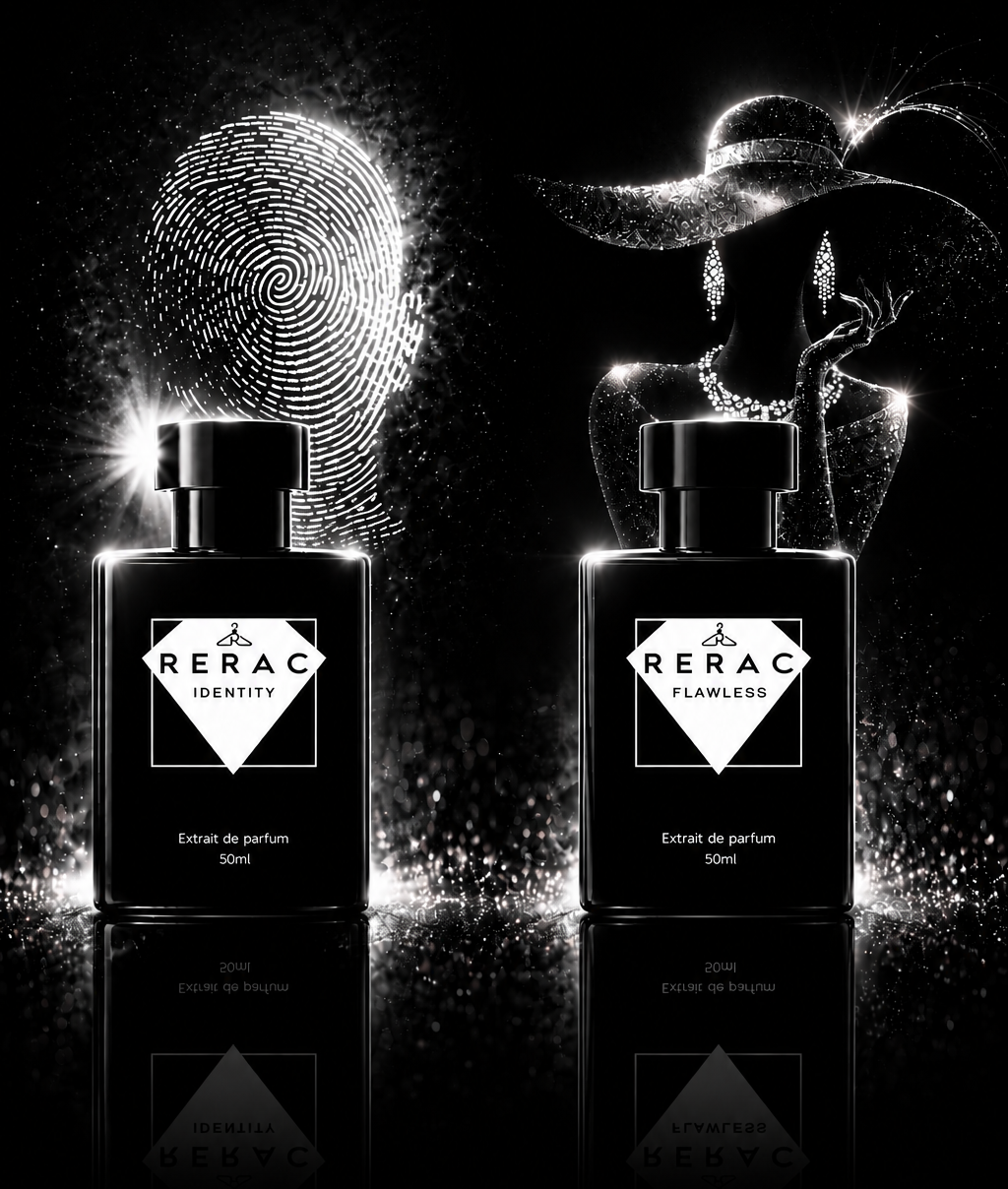 Two black RERAC Clancy perfume bottles on a reflective black surface against a black background, with stylized white graphic elements including a fingerprint and a woman in a hat behind them.