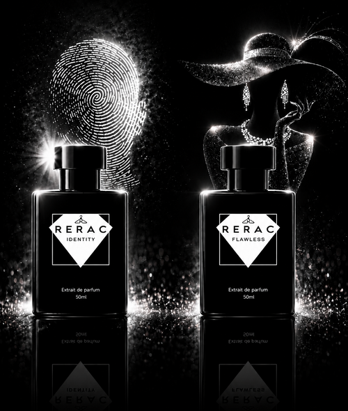 Two black RERAC Clancy perfume bottles on a reflective black surface against a black background, with stylized white graphic elements including a fingerprint and a woman in a hat behind them.