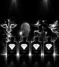 Four black cosmetic bottles labeled SERAC are lined up on a glossy black surface against a dark background with dramatic white spotlights, glowing effects, and stylized silhouettes.