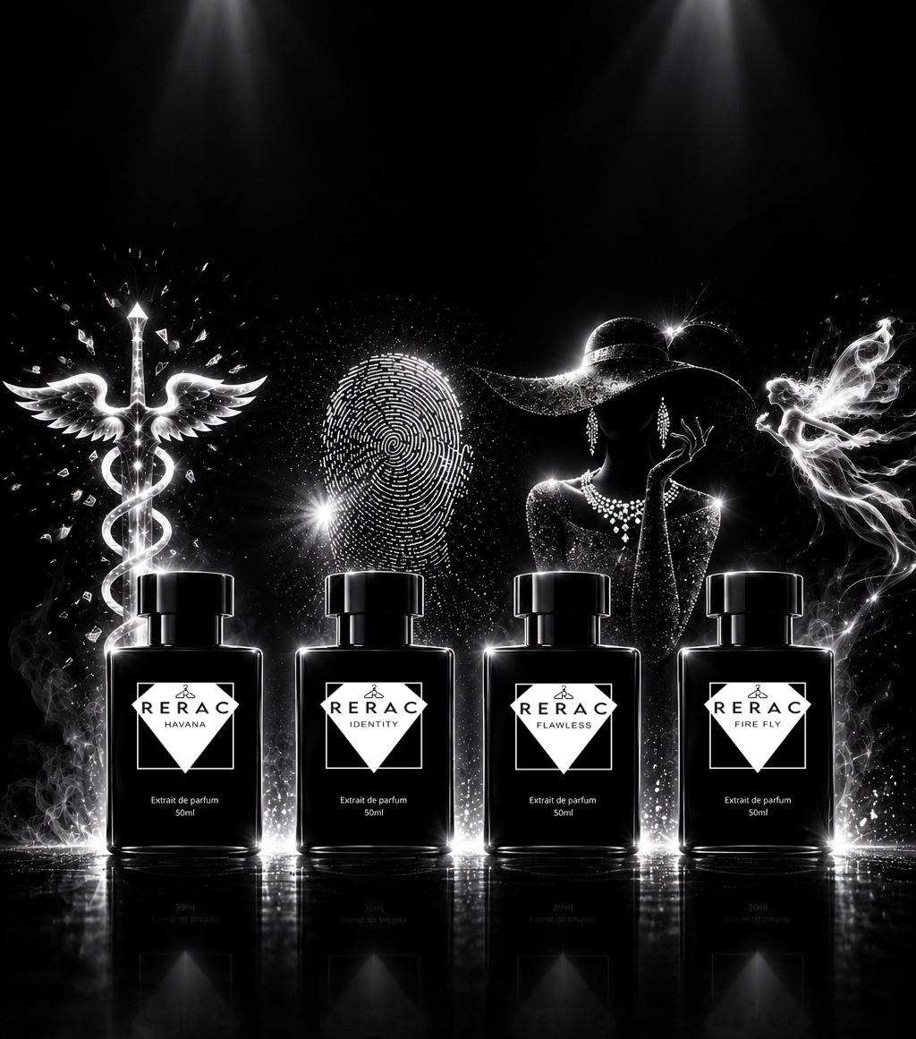Four black cosmetic bottles labeled SERAC are lined up on a glossy black surface against a dark background with dramatic white spotlights, glowing effects, and stylized silhouettes.