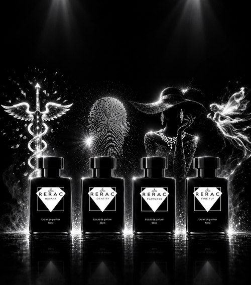 Four black cosmetic bottles labeled SERAC are lined up on a glossy black surface against a dark background with dramatic white spotlights, glowing effects, and stylized silhouettes.